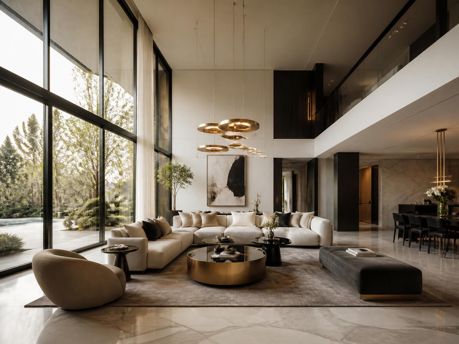 Double-height living room with book-match granite flooring