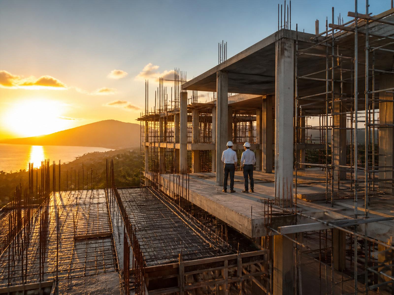 Luxury home under construction at sunrise